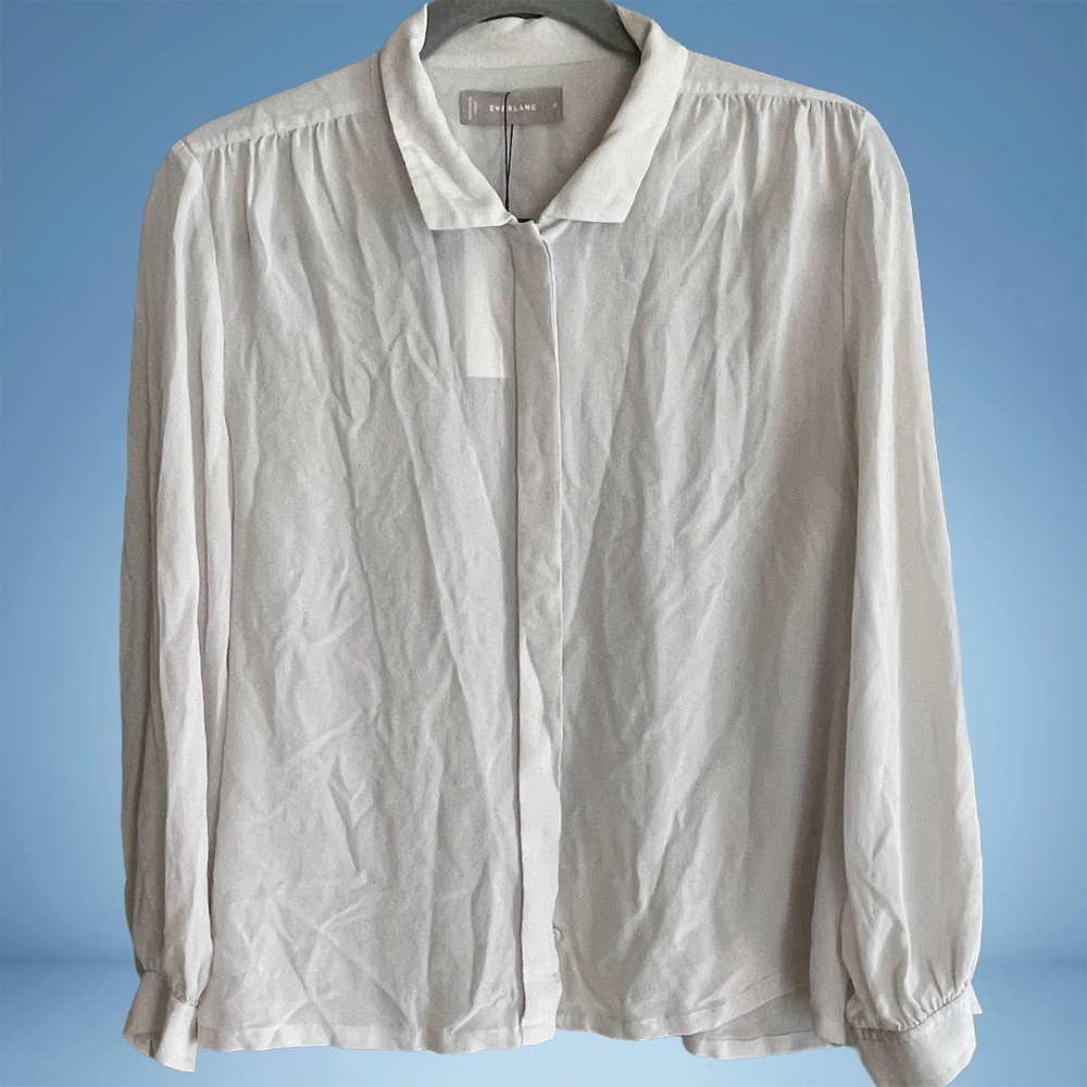 Everlane White Cloud Dancer 100% Silk Sz 8 Collared Long Sleeve Shirt Blouse